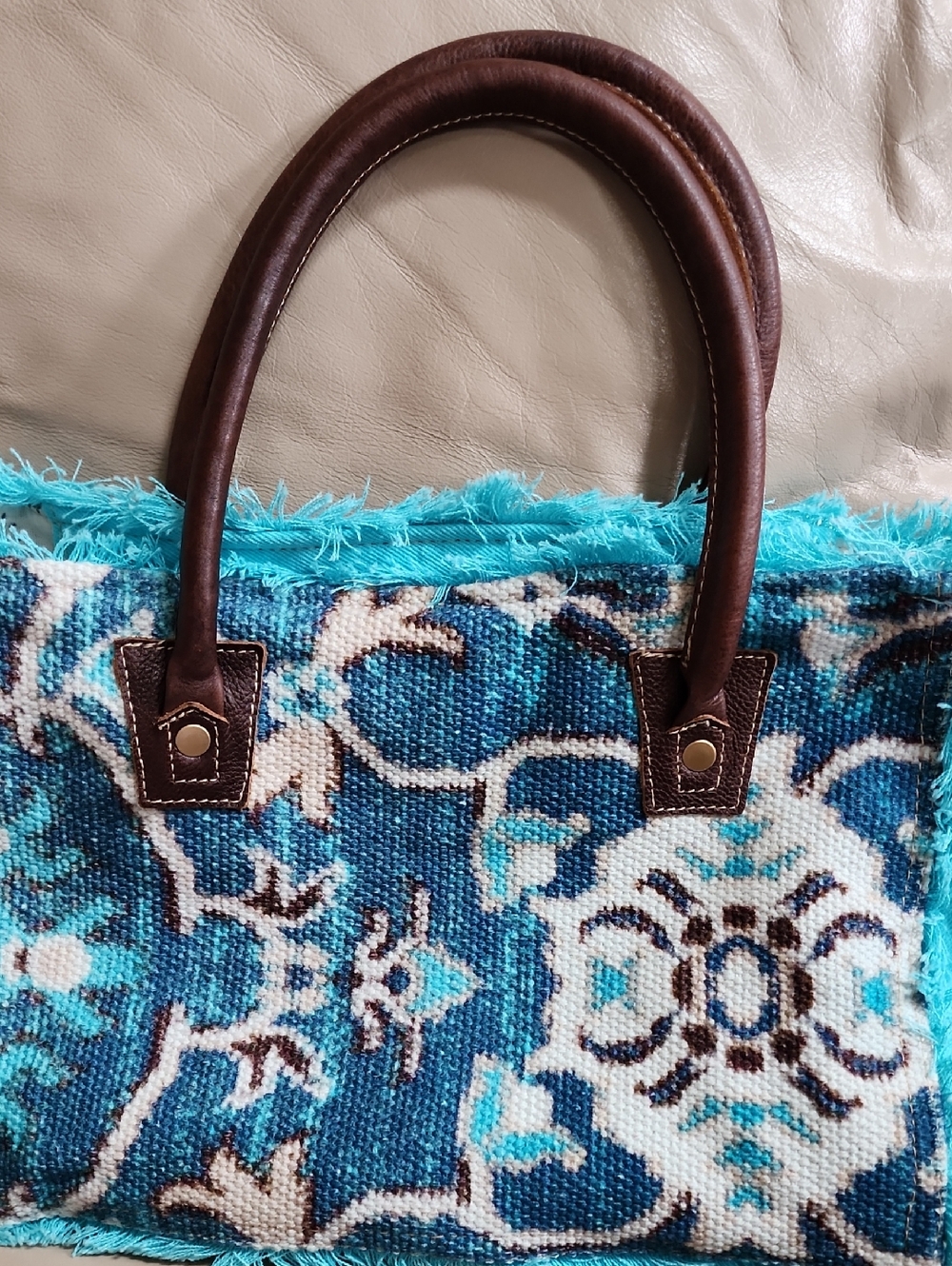 Myra Bag Womens Turquoise Blue Pattern Zip Top Tote Bag Preowned